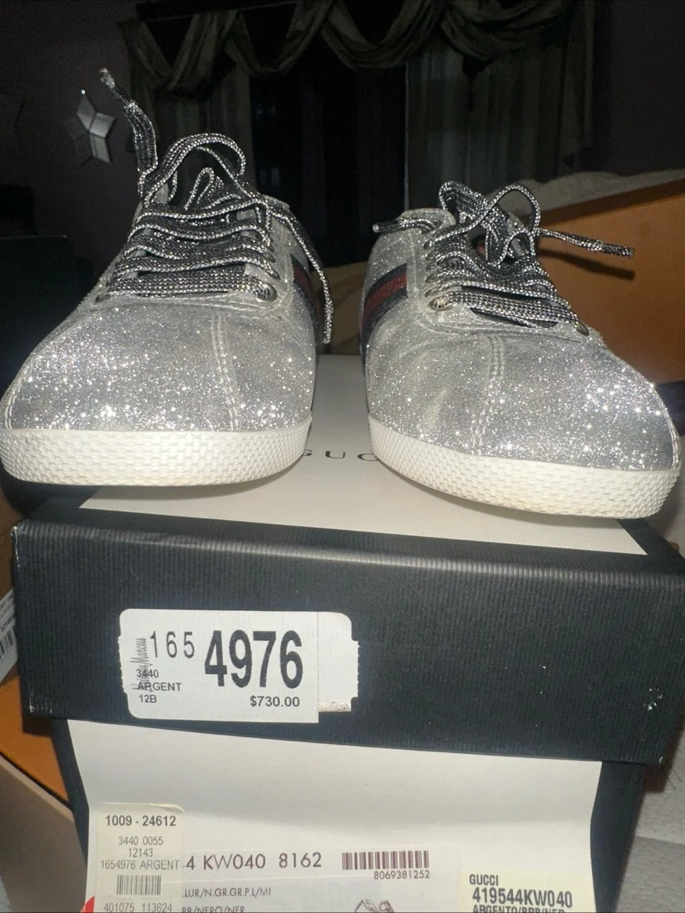 Gucci Silver Glitter Sneakers with Black Ribbon Detail